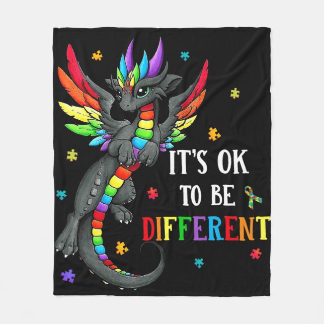Autism Awareness Day Dragon Gift It's Ok To Be Dif Fleece Blanket (Front)