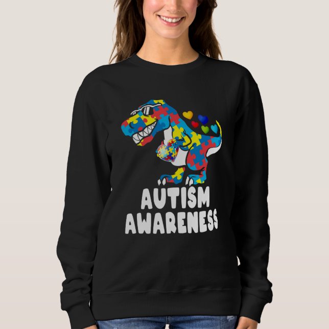Autism Awareness Dinosaur Rex Heart Puzzle Pieces  Sweatshirt (Front)