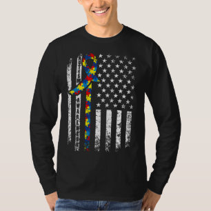 Autism Awareness Distressed American Flag Cute Puz T-Shirt