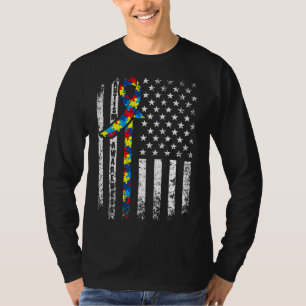 Autism Awareness Distressed American Flag Cute Puz T-Shirt