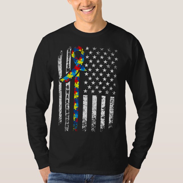 Autism Awareness Distressed American Flag Cute Puz T-Shirt (Front)