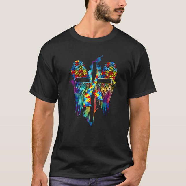 Autism Awareness Faith Cross Wings Cross Angel Jes T-Shirt (Front)