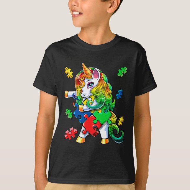 Autism Awareness Flossing Unicorn Puzzle Piece Gif T-Shirt (Front)