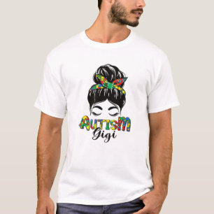 Autism Awareness Gigi Messy Bun Autism Puzzle Band T-Shirt