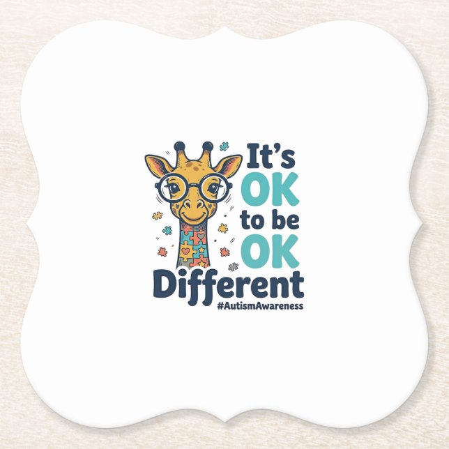 Autism Awareness Giraffe It’s OK to Be Different S Paper Coaster (Front)