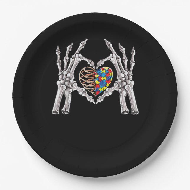 Autism Awareness Gothic Skull Hand Autism Puzzle P Paper Plate (Front)