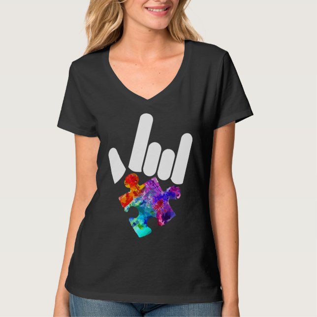 Autism Awareness Hand Rock &amp Roll Puzzle Pieces T-Shirt (Front)