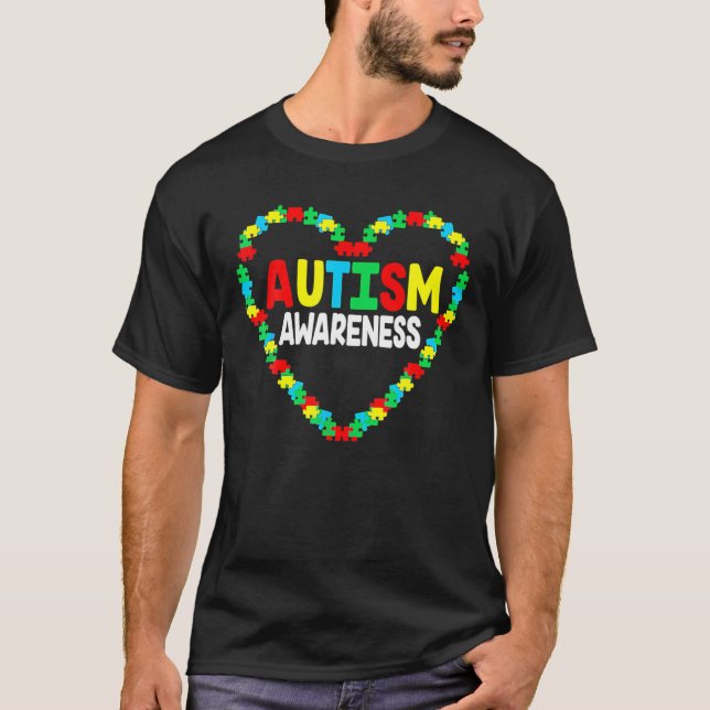 Autism Awareness Heart Puzzle Piece Support T-Shirt (Front)
