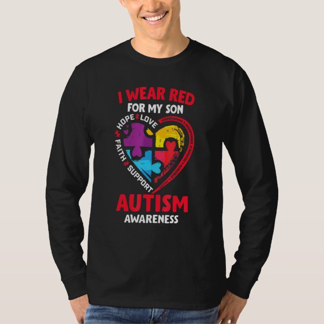 Autism Awareness I Wear Red For My Son Puzzle Piec T-Shirt (Front)