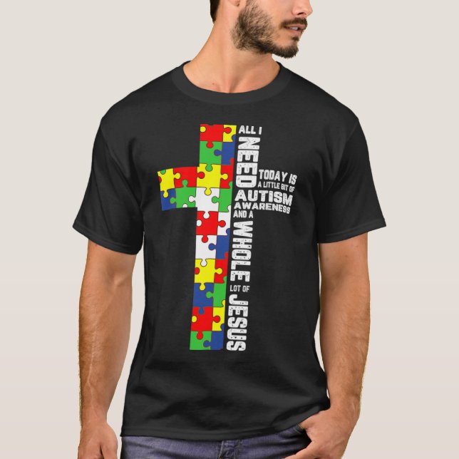 Autism Awareness Jesus Cross Puzzle Cool Christian T-Shirt (Front)