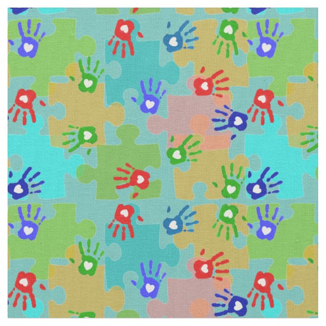 Autism Awareness Kids Hands Puzzle Pieces Fabric (Close Up)