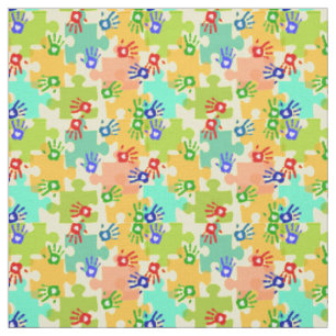Autism Awareness Kids Hands Puzzle Pieces Yellow I Fabric