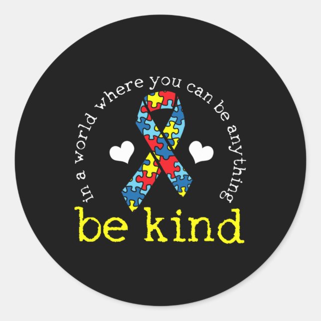 Autism Awareness Kindness Ribbon Heart  Classic Round Sticker (Front)
