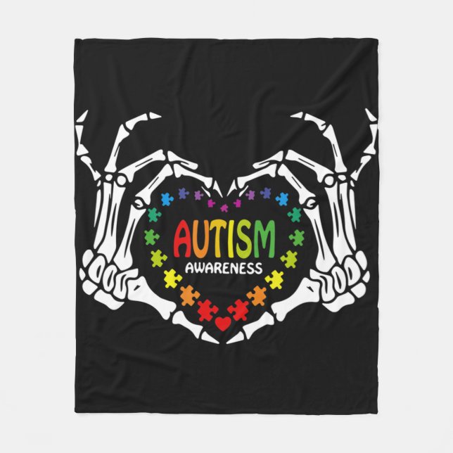 Autism Awareness Love Heart Puzzle Piece Skull  Fleece Blanket (Front)