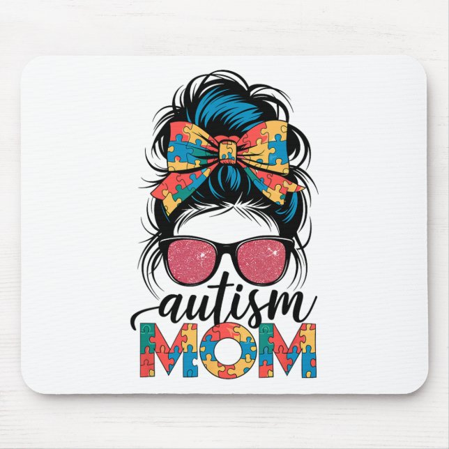 Autism Awareness Messy Bun Autism Mum Coquette Bow Mouse Pad (Front)