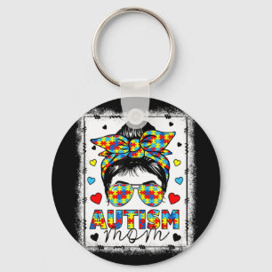 Autism Awareness Mom Life Messy Bun Bleached Mothe Key Ring