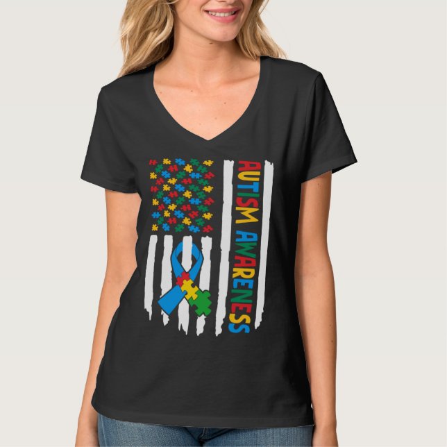 Autism Awareness Month American Flag Puzzle Piece  T-Shirt (Front)