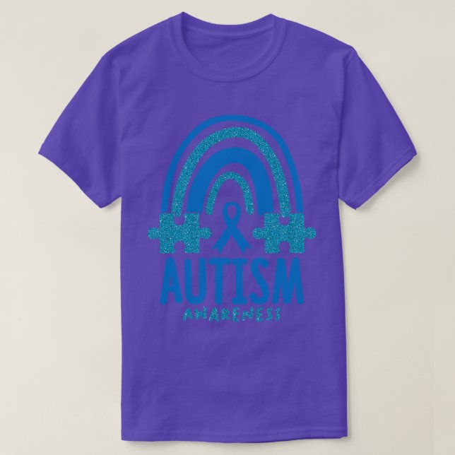 Autism Awareness Month Blue Rainbow Puzzle Pieces T-Shirt (Design Front)