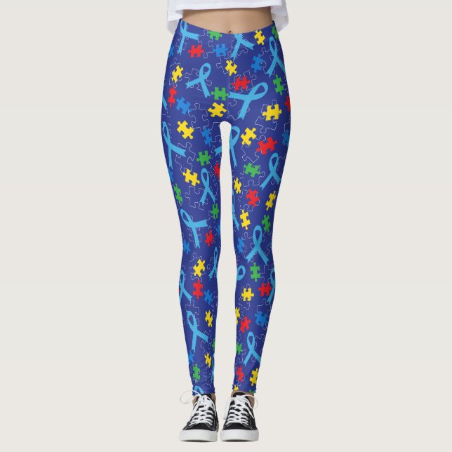 Autism Awareness Month Ribbon Puzzle Pattern Leggings (Front)