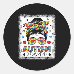 Autism Awareness Mum Life Messy Bun Bleached Mothe Classic Round Sticker