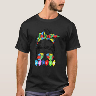Autism Awareness Mum Life Messy Bun Sunglasses Ban T-Shirt
