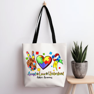 Autism Awareness Peace Puzzle Heart Tote Bag