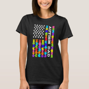 Autism Awareness Proud Autism Dad Puzzle Usa Flag T-Shirt