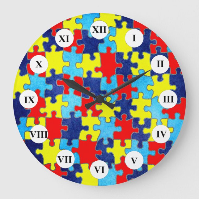 Autism Awareness-Puzzle by Shirley Taylor Large Clock (Front)