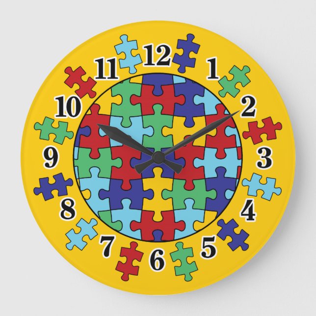 Autism Awareness Puzzle Pattern Large Clock (Front)