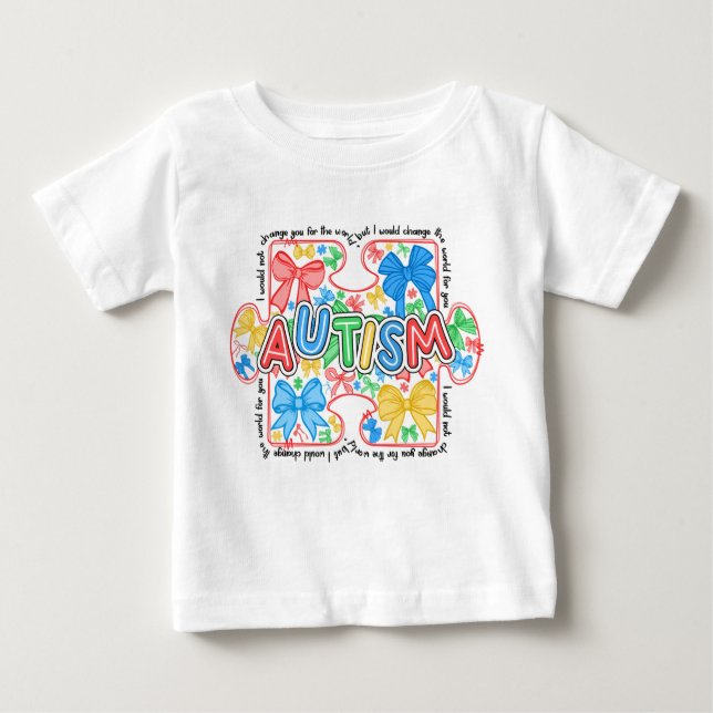 Autism Awareness Puzzle Piece with Coquette Bows Baby T-Shirt (Front)