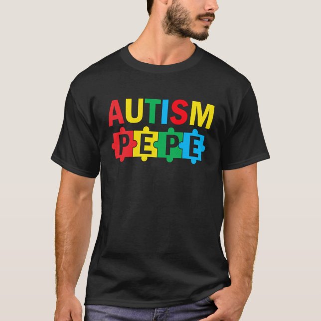 Autism Awareness Puzzle Ribbon Proud Autism Pepe T-Shirt (Front)