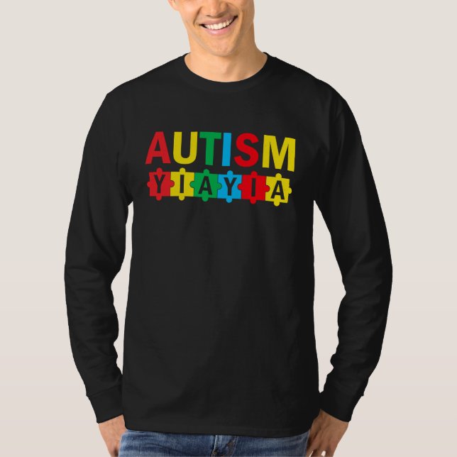 Autism Awareness Puzzle Ribbon Proud Autism Yiayia T-Shirt (Front)