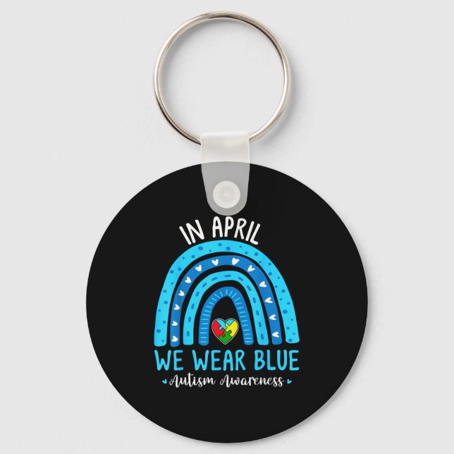 Autism awareness rainbow in april wear blue ribbon key ring (Front)