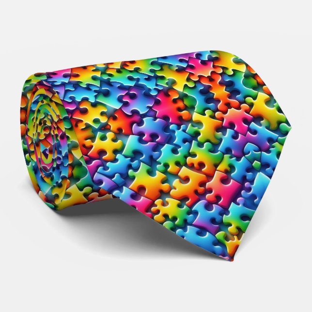 Autism Awareness Rainbow Puzzle Pieces Neck Tie (Rolled)