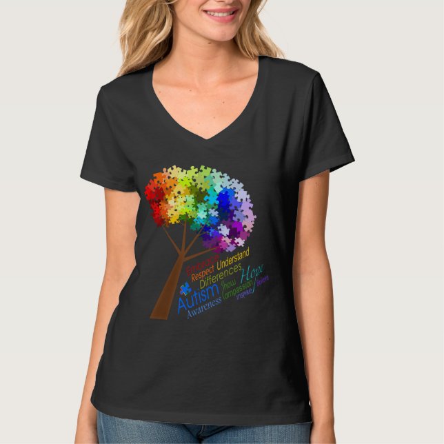 Autism Awareness Rainbow Puzzle Tree with Words T-Shirt (Front)