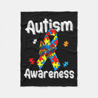Autism awareness ribbon butterfly puzzle pieces fleece blanket