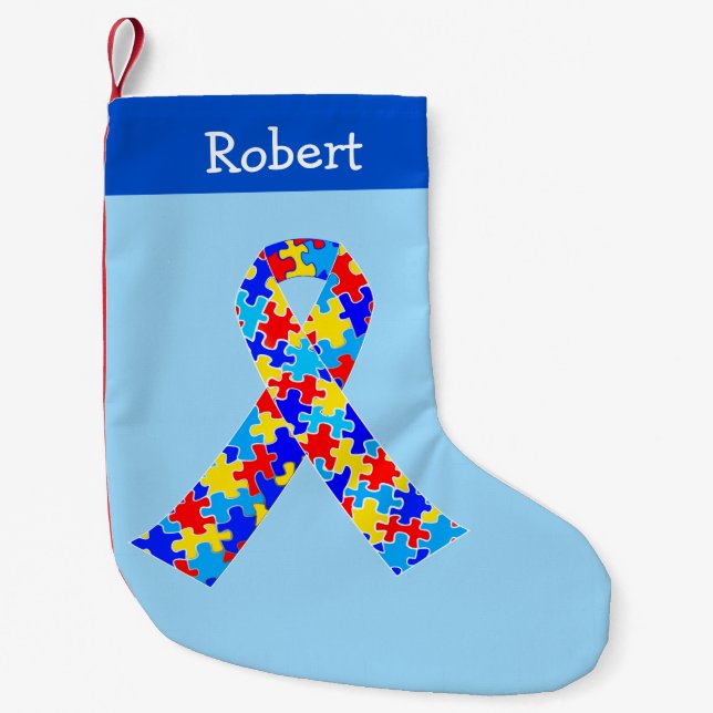 Autism Awareness Ribbon Cute Personalised Blue Small Christmas Stocking (Front)
