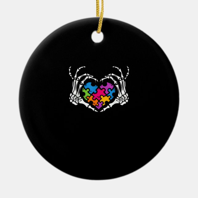 Autism Awareness s s Skeleton Hand Heart Puzzle Pi Ceramic Tree Decoration (Front)