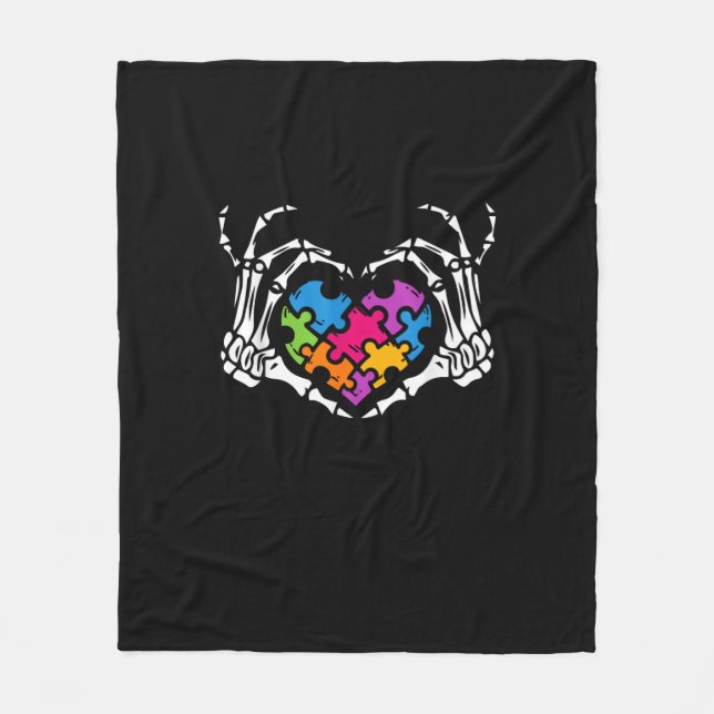 Autism Awareness s s Skeleton Hand Heart Puzzle Pi Fleece Blanket (Front)