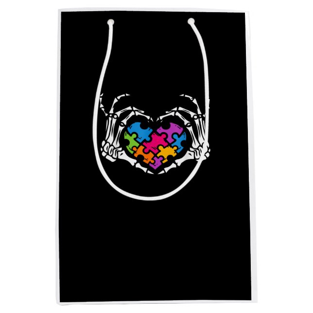 Autism Awareness s s Skeleton Hand Heart Puzzle Pi Medium Gift Bag (Front)
