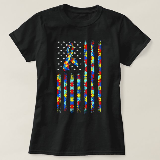 Autism Awareness Shirt American Flag Ribbon Puzzle (Design Front)