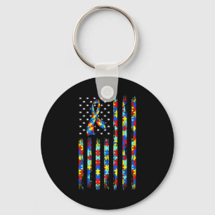Autism Awareness Shirt American Flag Ribbon Puzzle Key Ring
