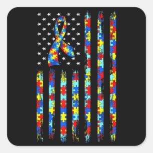 Autism Awareness Shirt American Flag Ribbon Puzzle Square Sticker