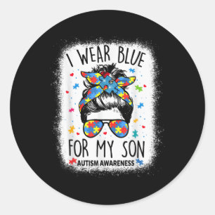 Autism Awareness Shirt Mum Messy Bun I Wear Blue F Classic Round Sticker