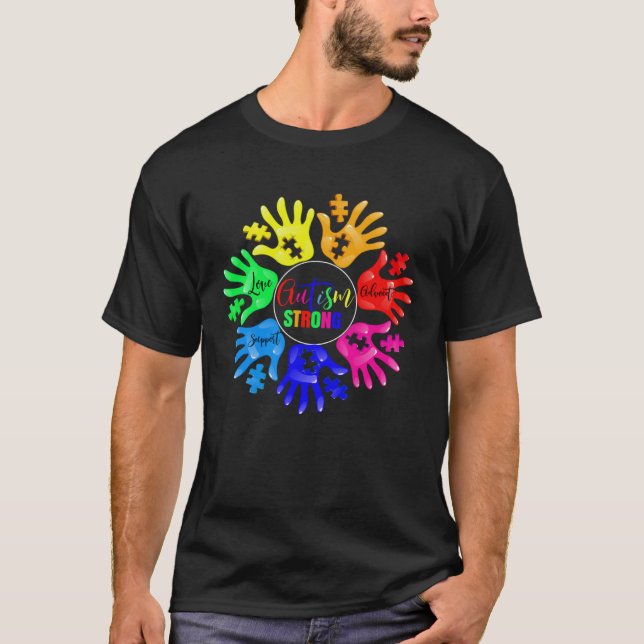 Autism Awareness Sign Language Hand Puzzle Support T-Shirt (Front)
