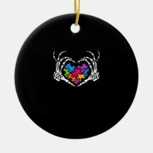 Autism Awareness Skeleton Heart Puzzle Piece Ceramic Tree Decoration