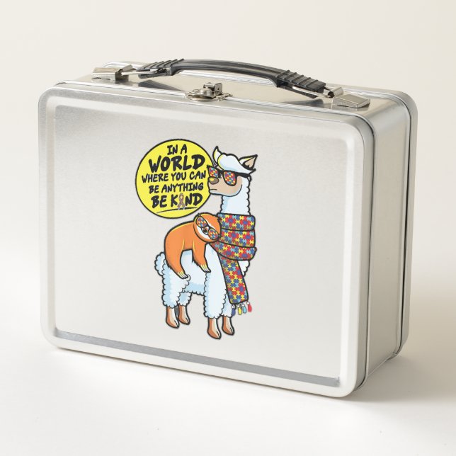 Autism Awareness Sloth Riding LLama Autism Be Kind Metal Lunch Box (Front)