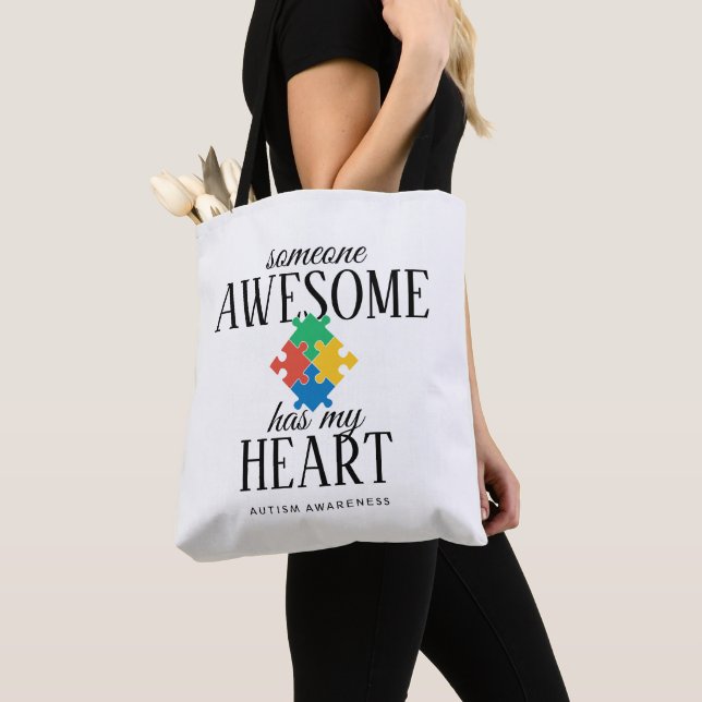 Autism Awareness Someone Awesome Has My Heart Tote Bag (Close Up)