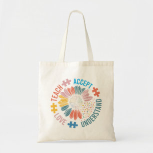 Autism Awareness Sunflower "Teach Love Accept" Tote Bag