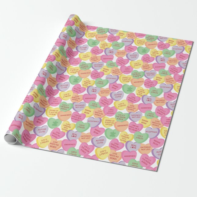 Autism Awareness Valentine Heart Candy Sayings Wrapping Paper (Unrolled)